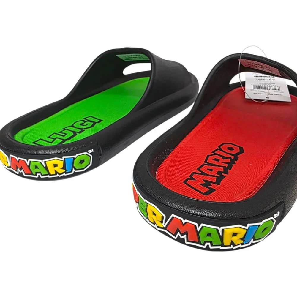 Nintendo Super Mario Slides Sandals Kids Size 3 & 5 Mario Luigi Black Green